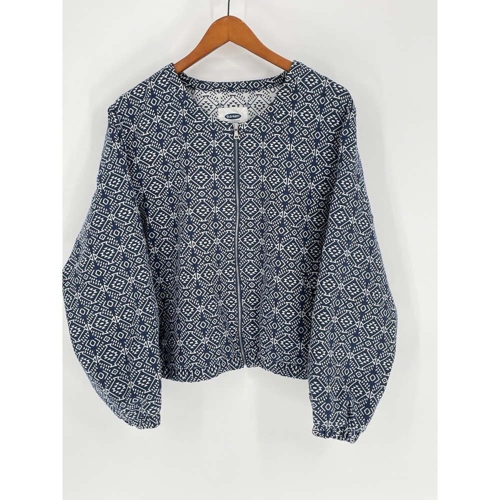 Old‎ Navy Womens 2XL Jacquard Blue Aztec Print And White Bomber Jacket Full Zip